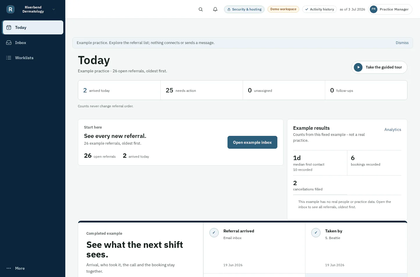 Example Refera screen showing new referrals in arrival order, who is handling each one and what happened